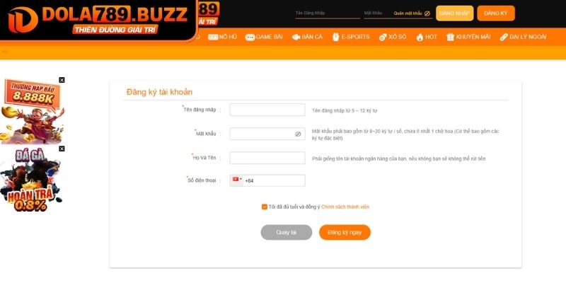 Đăng Ký Dola789 - Hướng Dẫn Cho Người Chơi Mới Bắt Đầu 2 Điền thông tin đăng ký Dola789