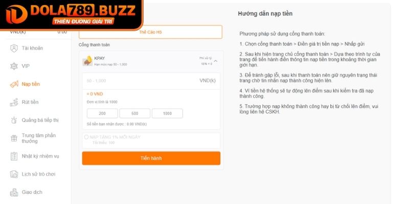 Nạp tiền Dola789 bằng thẻ cào